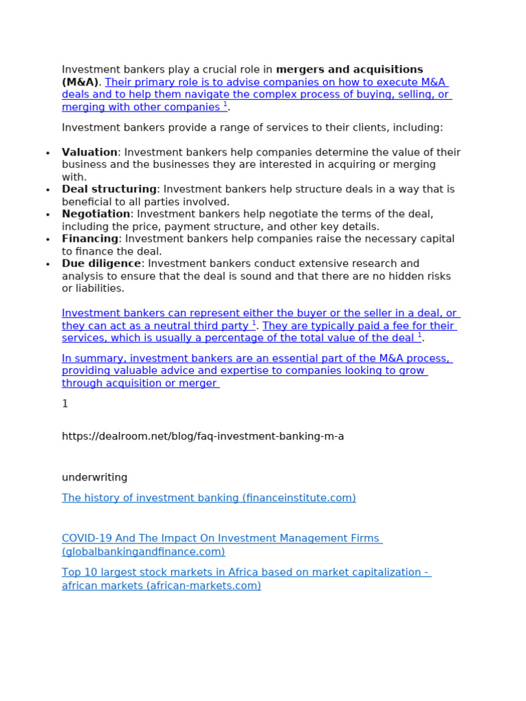 Investment Bankers Play A Crucial Role In Pdf