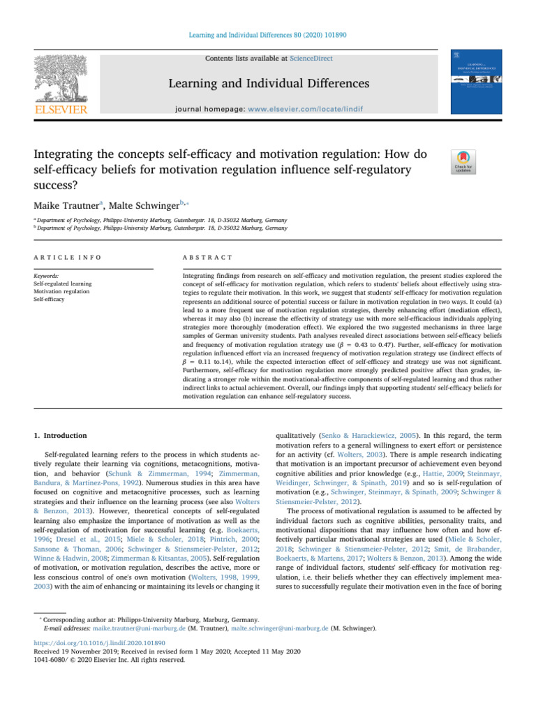 The Concepts Self-Efficacy and Motivation Regulation How Do Self ...