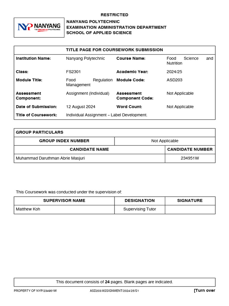 Food Regulation Assignment | PDF | Whole Grain | Fat