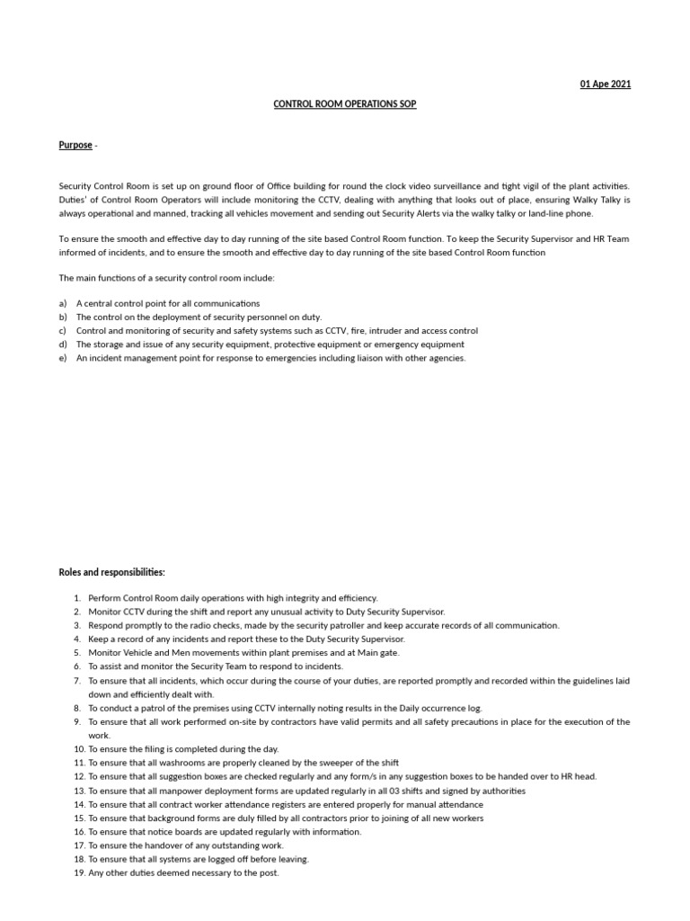 Control Room Functions | PDF
