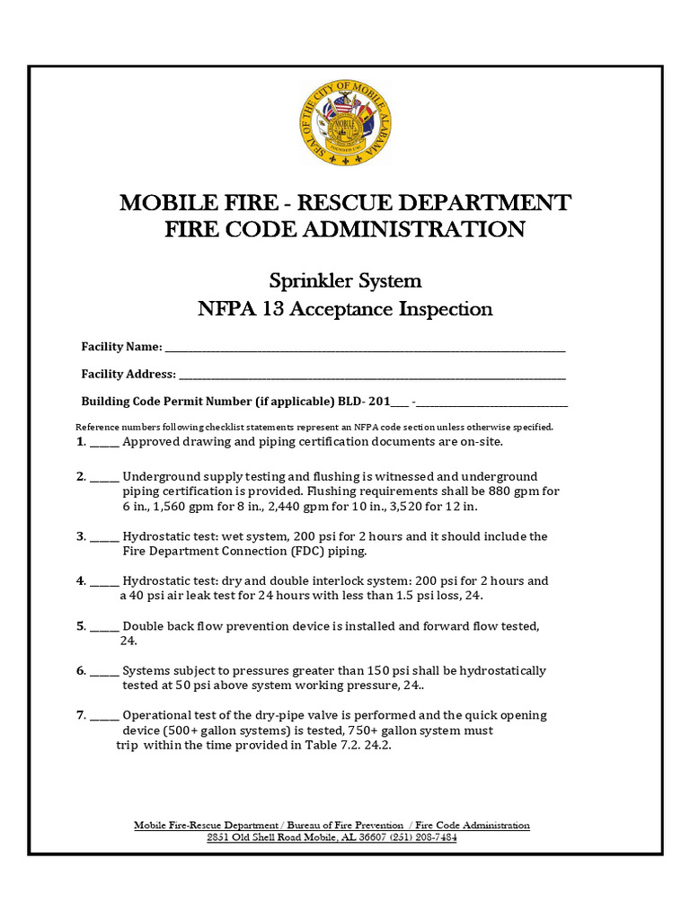 Sprinkler System Nfpa 13 - Acceptance Inspection | PDF