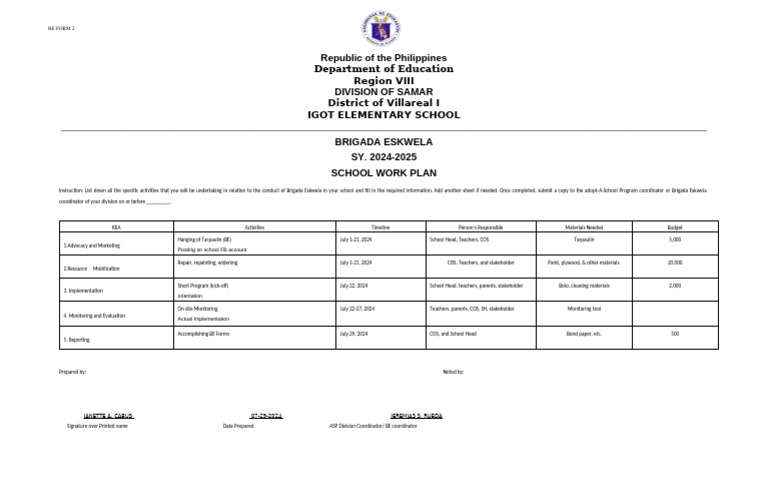 Brigada Eskwela Form 2 School Work Plan | PDF
