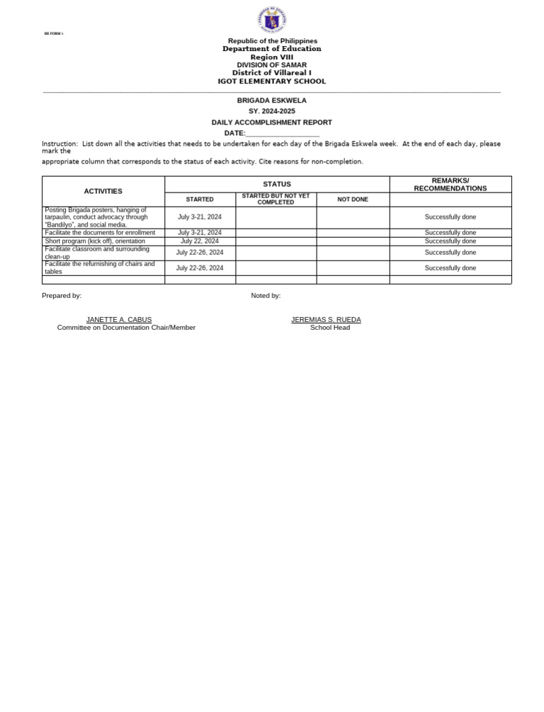 Brigada eskwela form 6 daily accomplishment report pdf