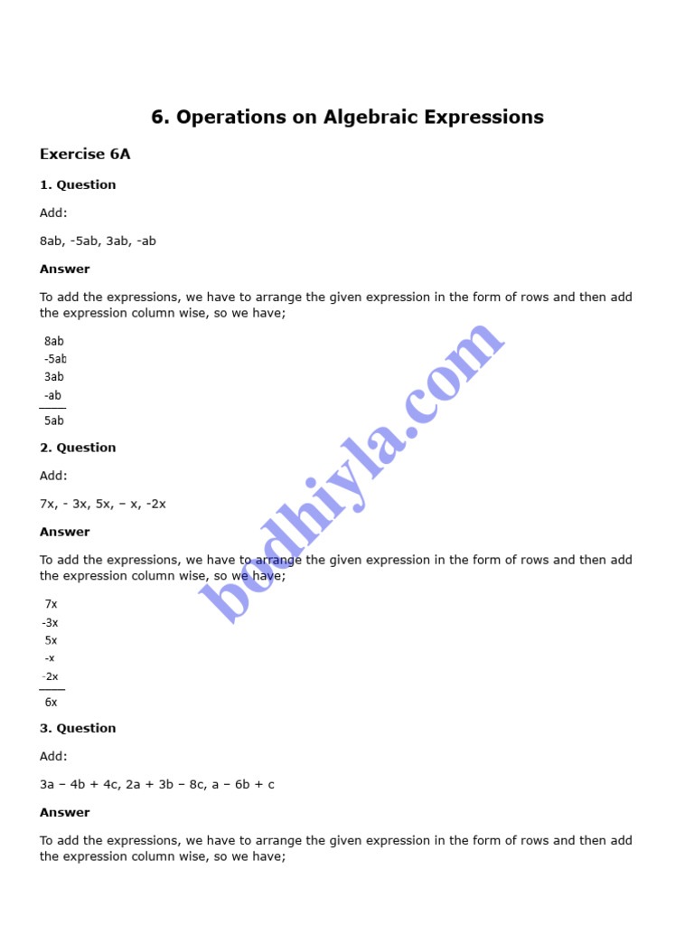 Adding and Subtracting Algebraic Expressions | PDF | Elementary ...