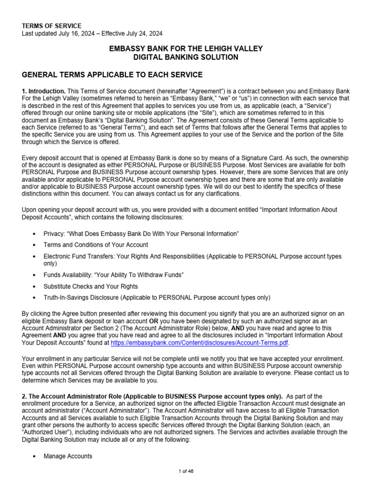 Embassy Bank Digital Banking Solution Terms of Service | PDF ...