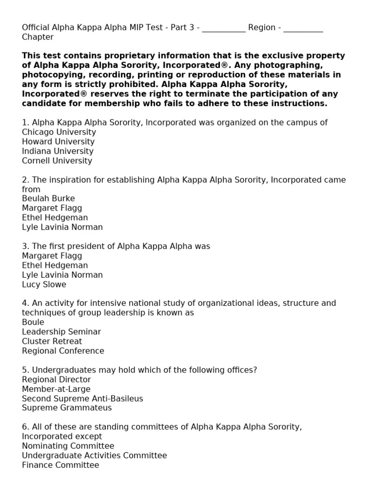 Official Alpha Kappa Alpha MIP Test - Part 3 (Text Only) | PDF
