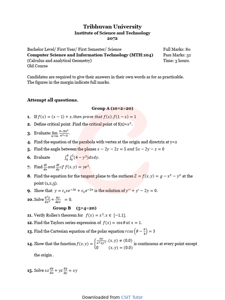 Mathematics I 2072 | PDF