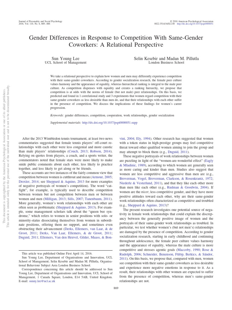 Gender Differences in Response To Competition With Same-Gender | PDF