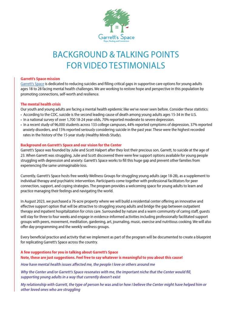 Background & Talking Points For Video Testimonials: Garrett's Space | PDF