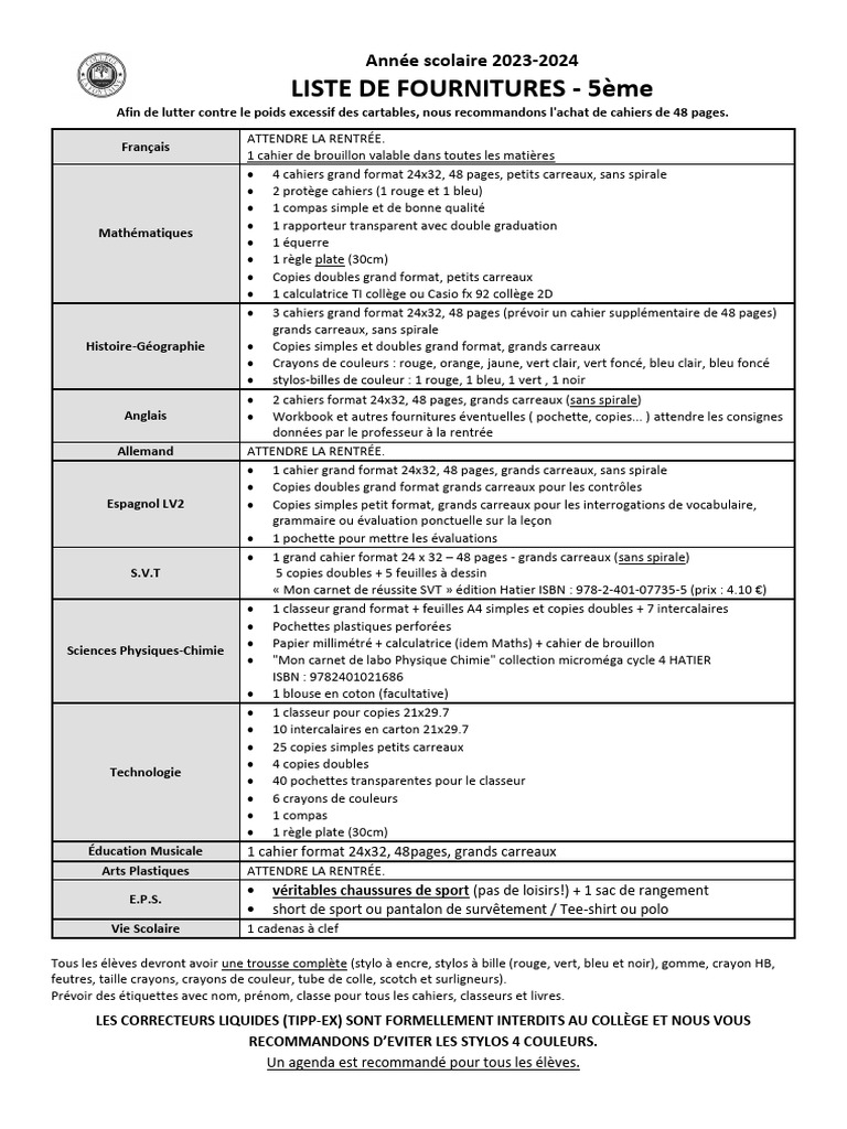 Fournitures scolaires 5ème 2023-2024 | PDF | Papeterie | Instruments d ...