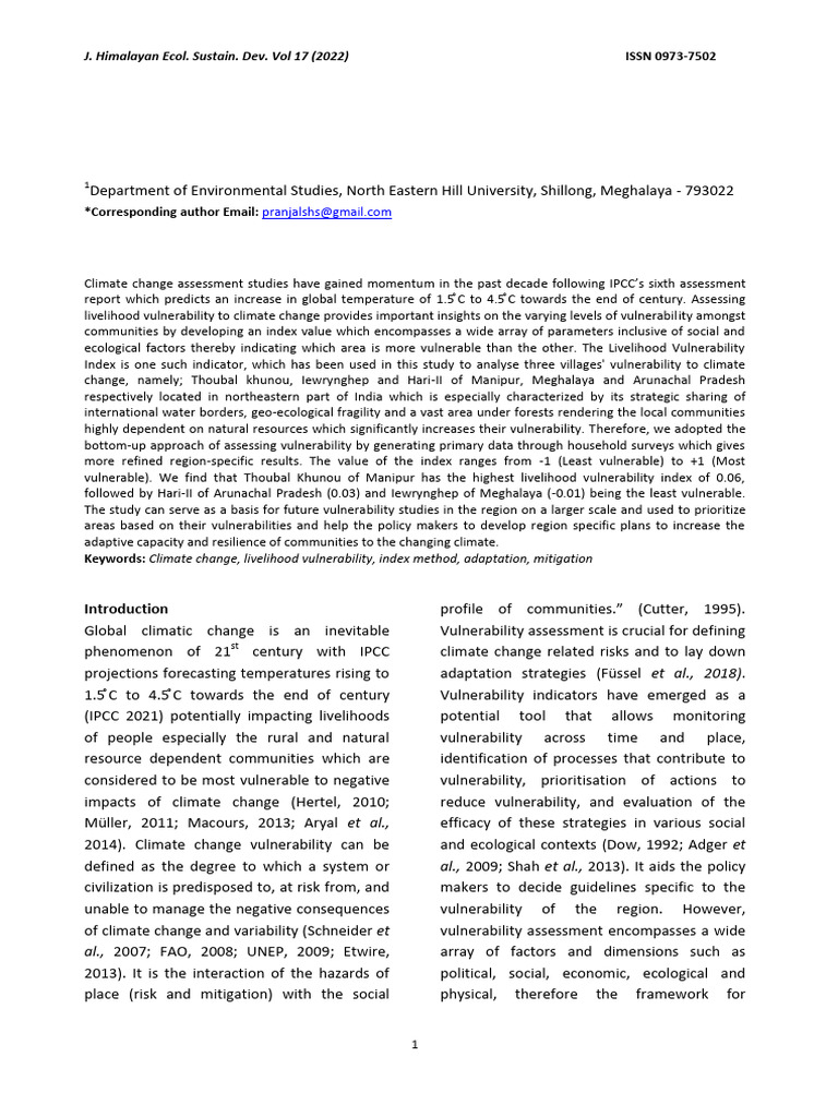 Assessment of Livelihood Vulnerability To Climate Change - A Study From ...