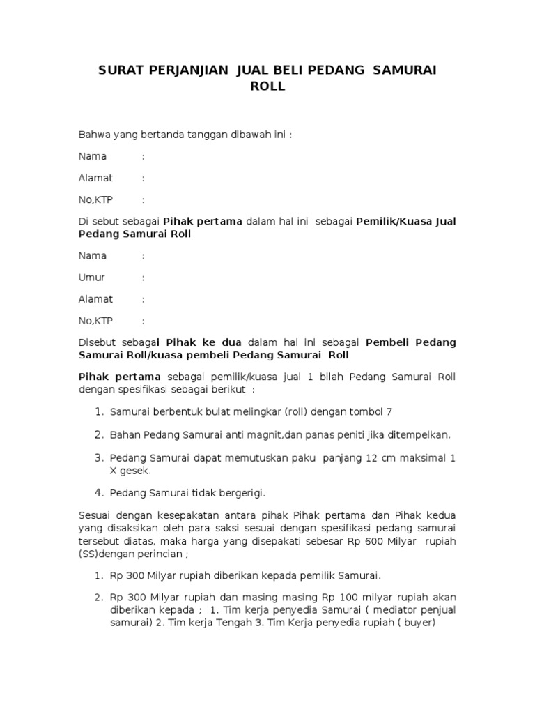 Surat Perjanjian Jual Beli Pedang Samurai Roll