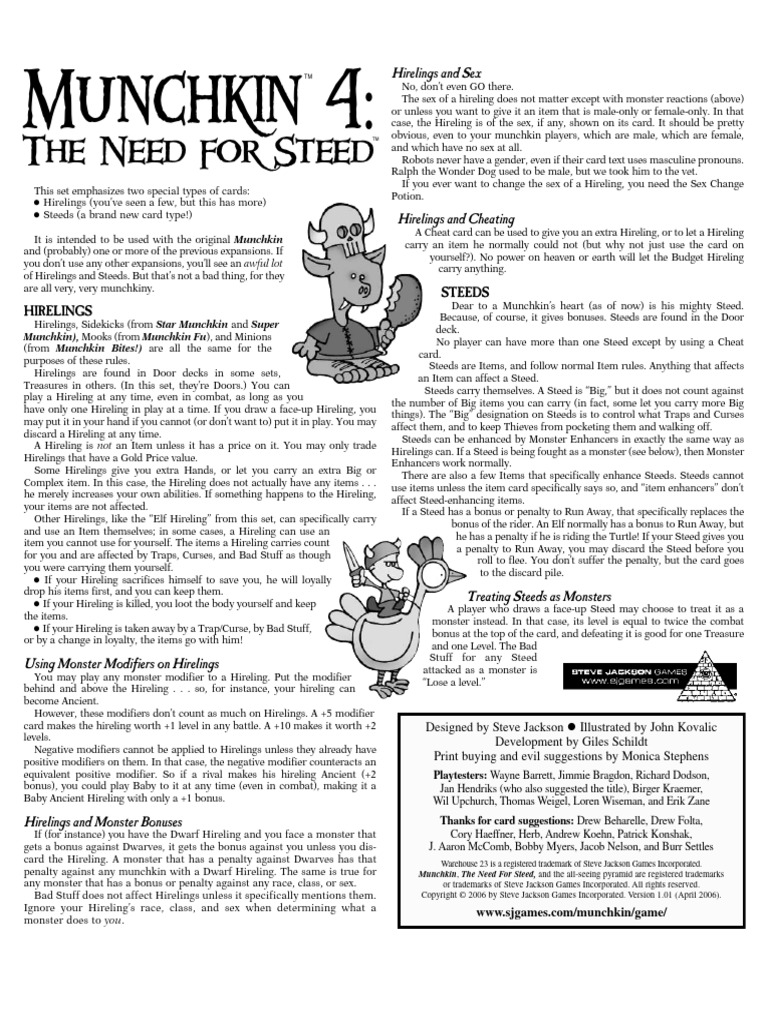c2 Munchkin 4 The Need For Steed Rulebook | PDF