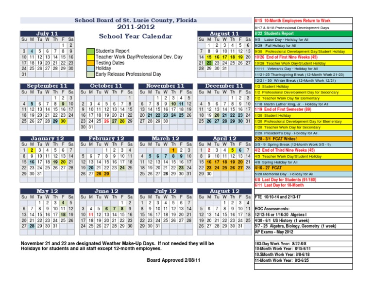 St. Lucie County School Calendar 20112012 PDF Academic Term Schools