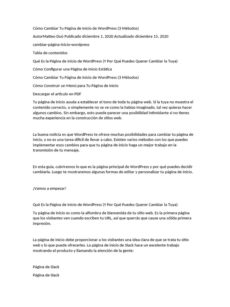 C mo cambiar tu p gina de inicio de wordpress pdf