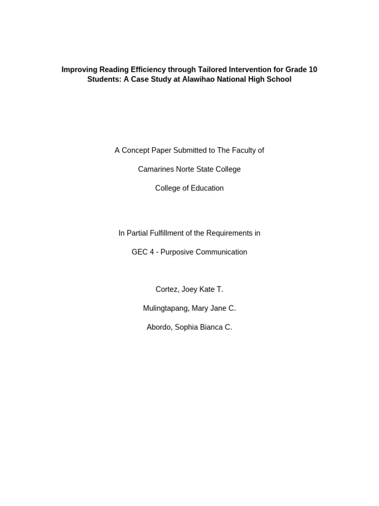 Improving Reading Efficiency Through Tailored Intervention For Grade 10