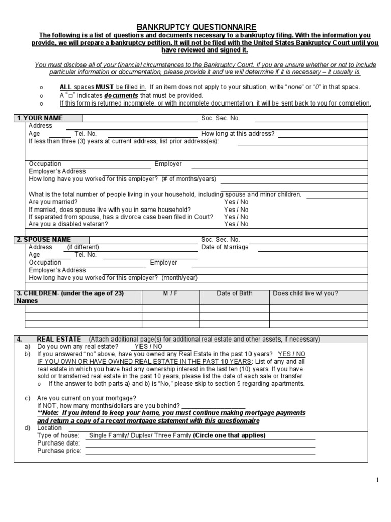 Bankruptcy Questionnaire Pdf Credit History Bankruptcy