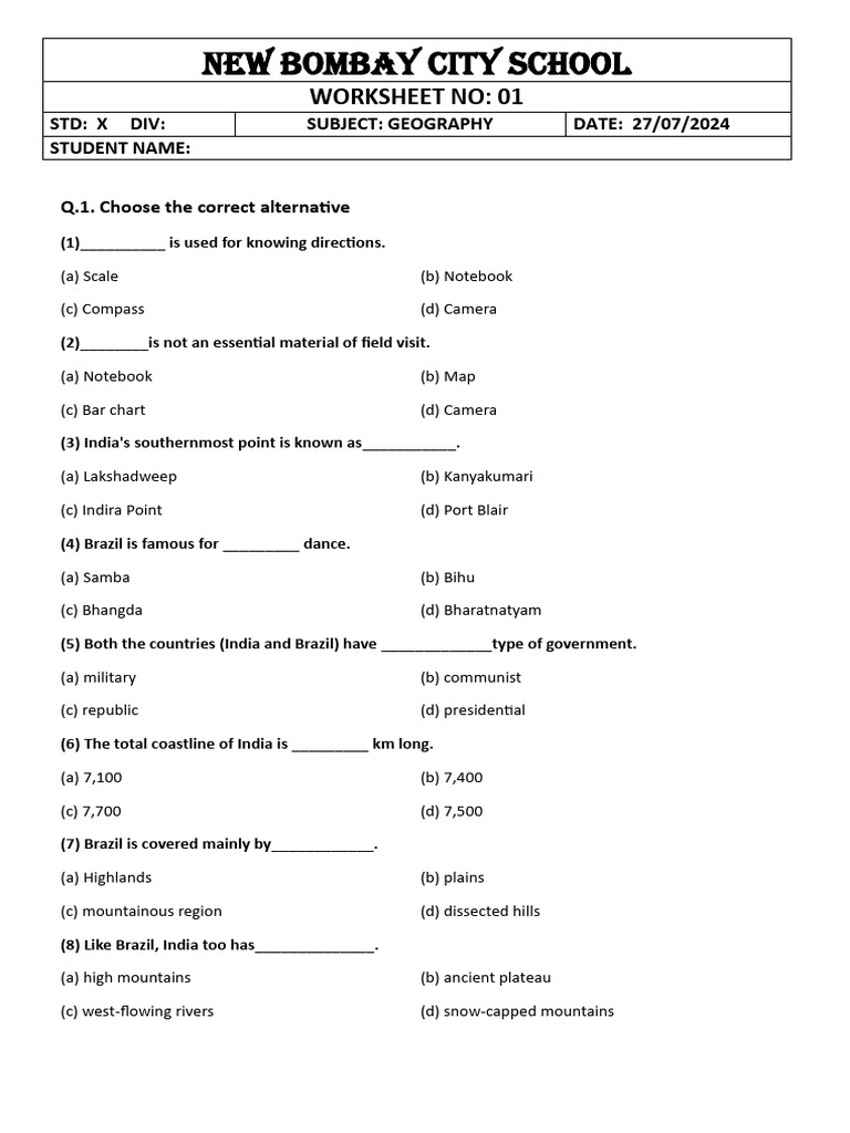 Geography Worksheet for Std X Students | PDF | Plateau | River Delta