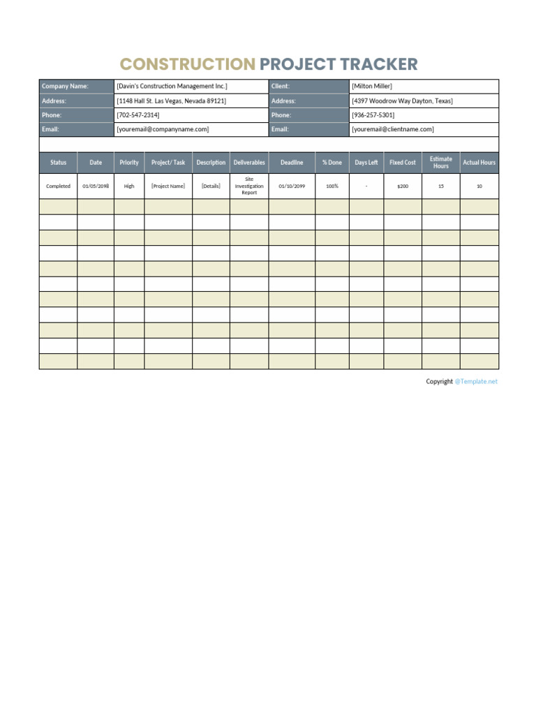 Printable Construction Tracking Template | PDF