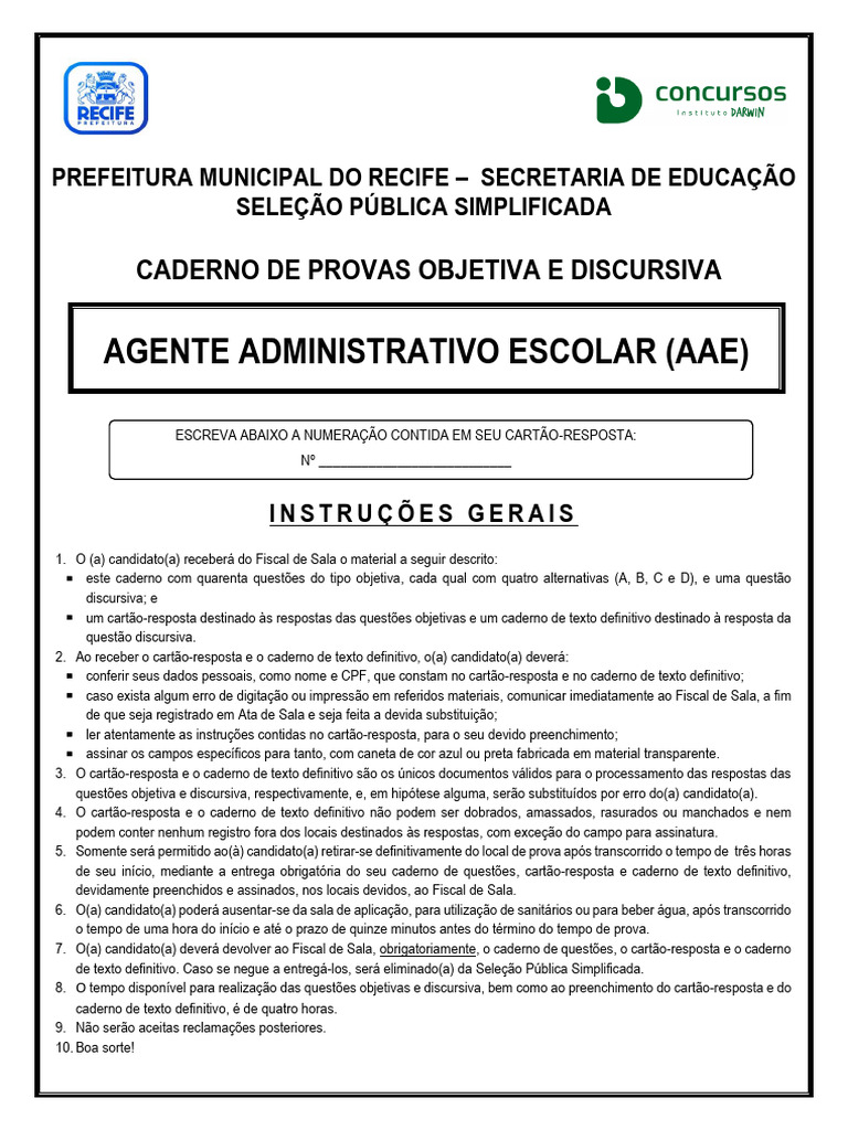 Caderno de Prova Agente Administrativo Escolar 20240519182923 | PDF ...