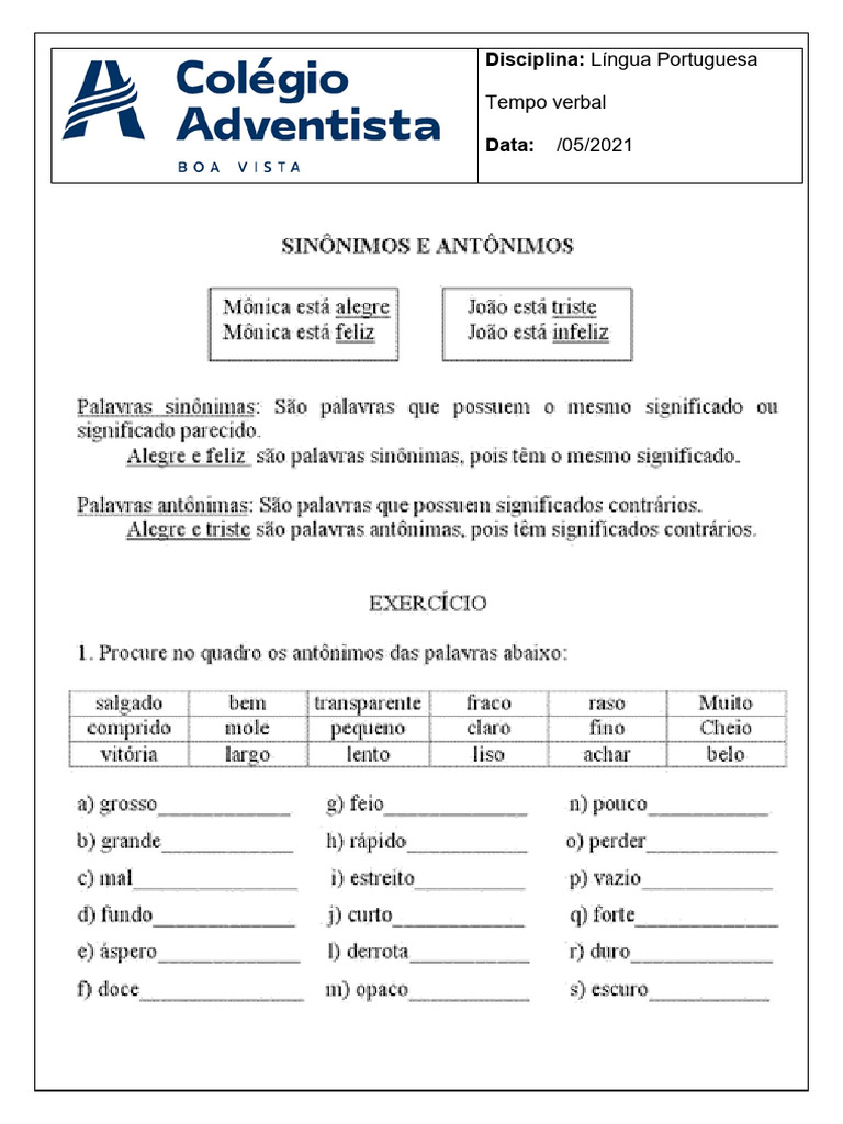 Atividade Sinônimo e Antônimo | PDF
