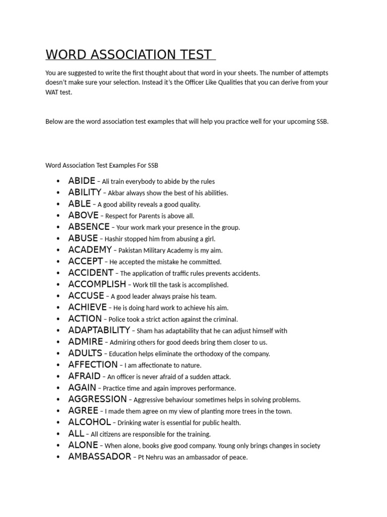 Word Association Test Examples for SSB | PDF | Laughter | Disciplines