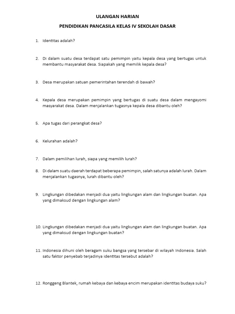 Contoh Soal Ulangan Harian Kelas 4 Tema 4: Berbagai Pekerjaan