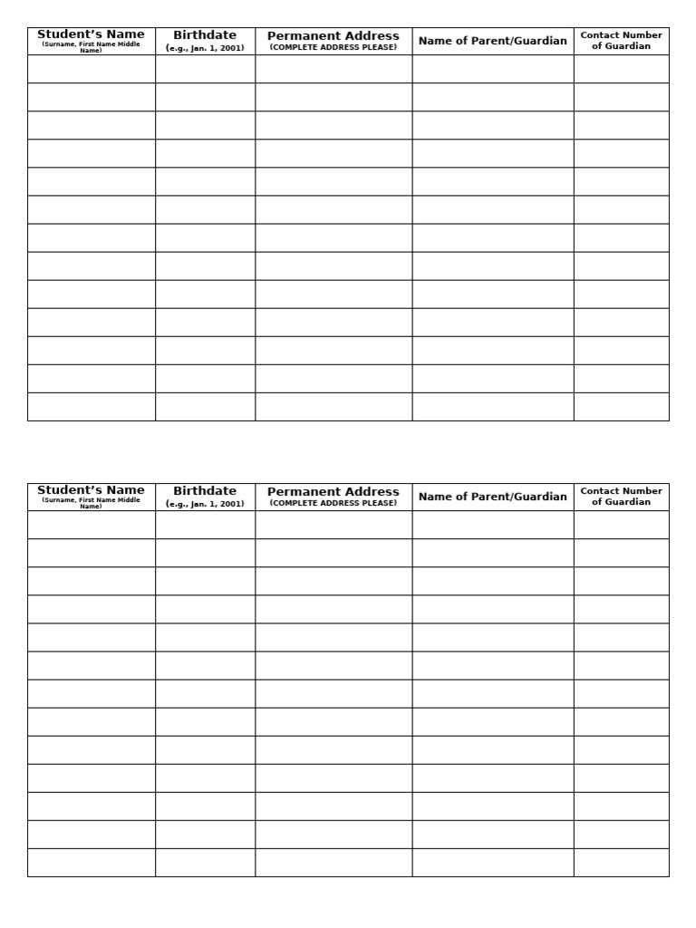Student info sheet pdf
