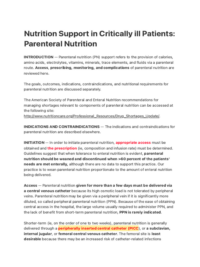 Nutrition Support in Critically Ill Patients Parenteral Nutrition | PDF