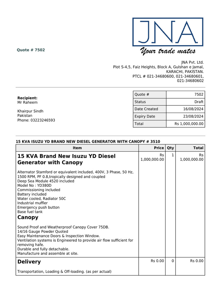 Diesel Generator Quote #7502 - JNA Pvt. Ltd. | PDF