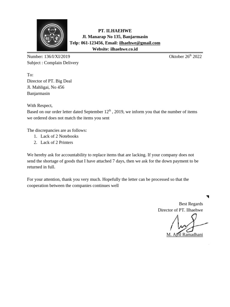 Contoh Surat Complain Delivery | PDF