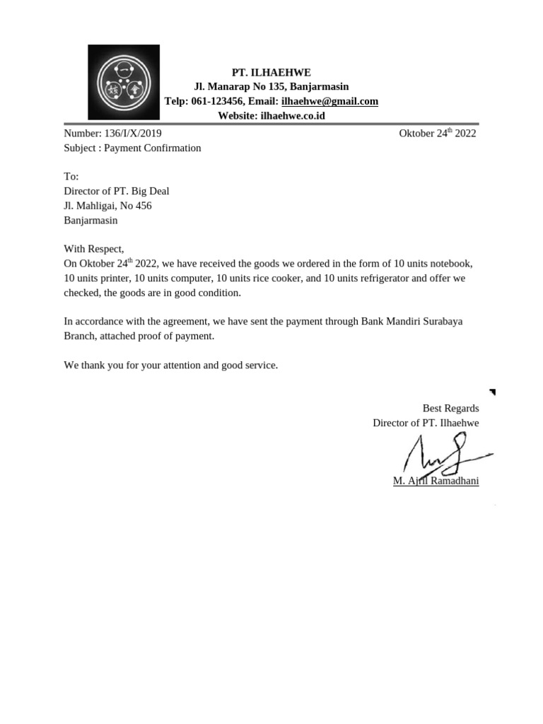 Contoh surat payment confirmation pdf