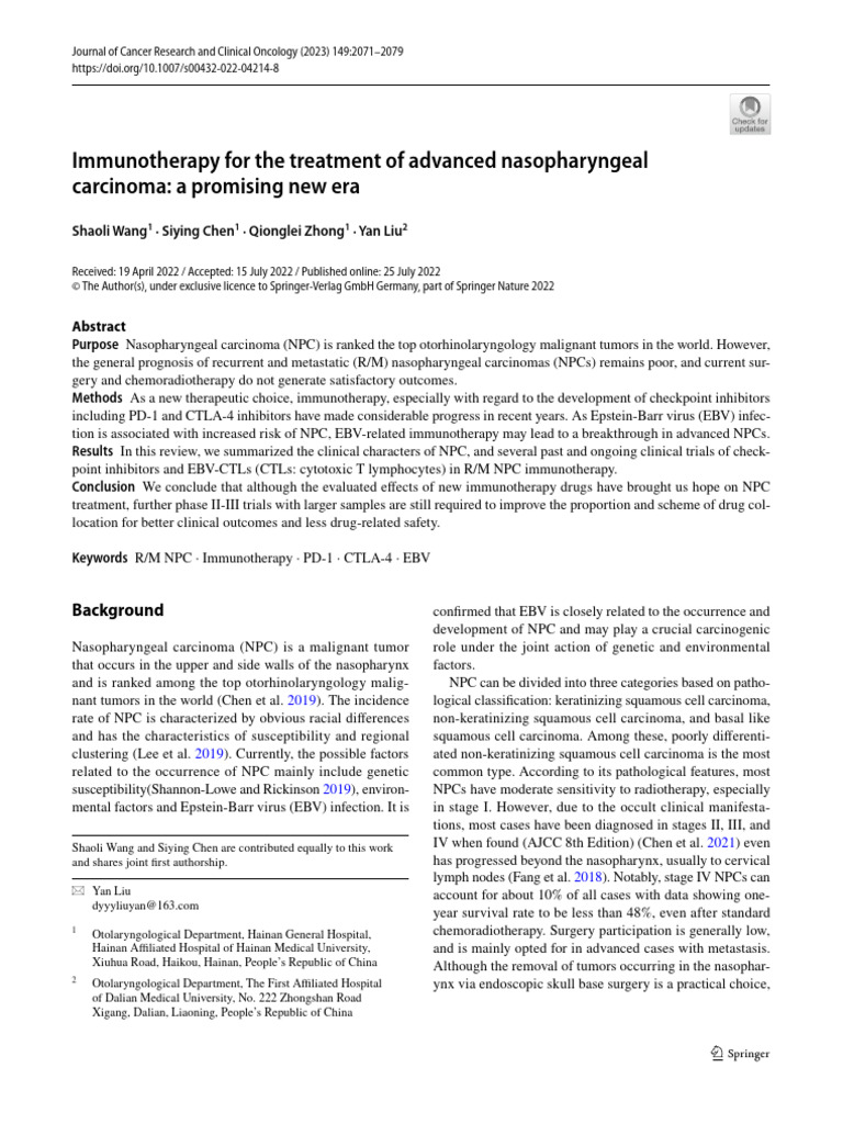 Immunotherapy For The Treatment of Advanced Nasopharyngeal Carcinoma: A ...