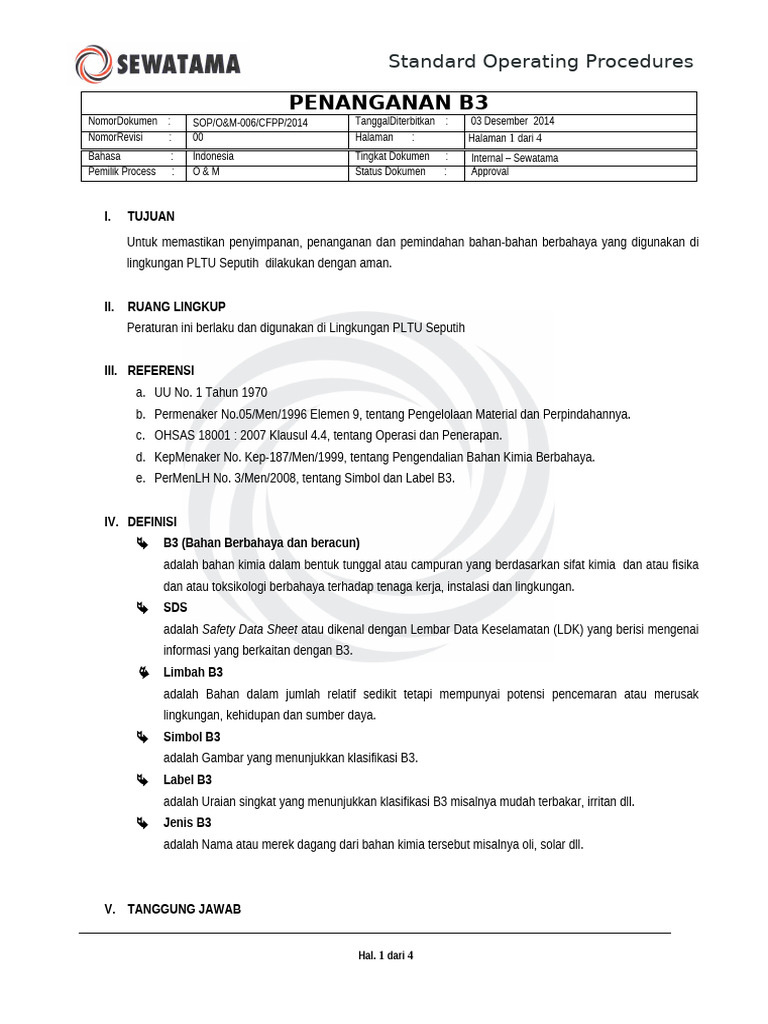 SOP - O&M - 006 - 02 - 2014 - Penanganan B3 | PDF
