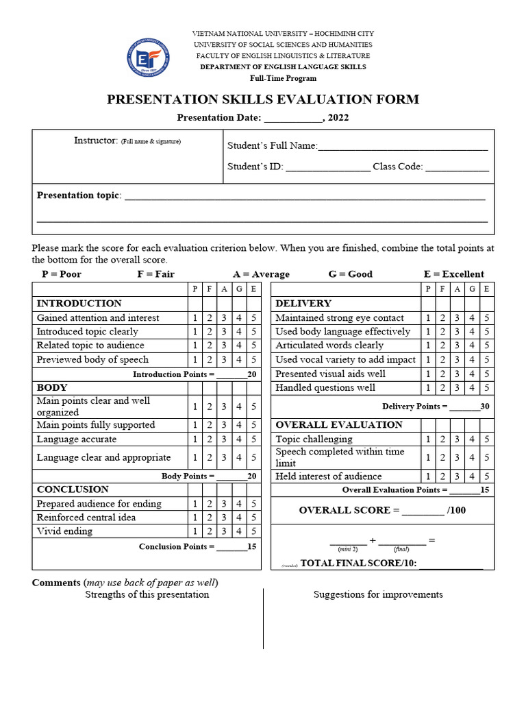 FT - FINAL Presentation Evaluation Form | PDF