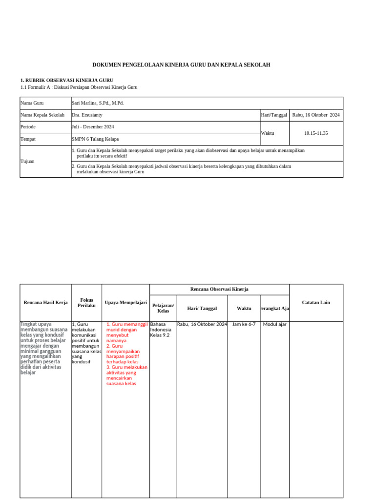 Keteraturan Suasana Kelas Rubrik Observasi Kinerja Guru Formulir A D