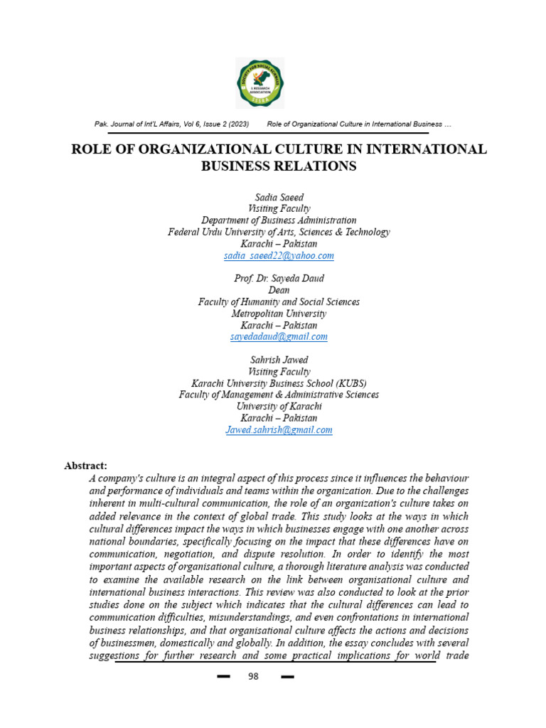 8 Role of Organizational Culture in International Business Relations | PDF