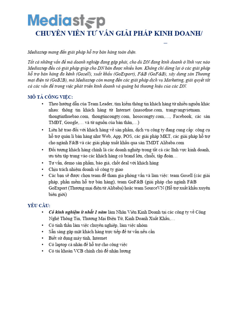 JD - Mediastep - Business Consultant (Closer) T7.2024 - GoExport | PDF ...