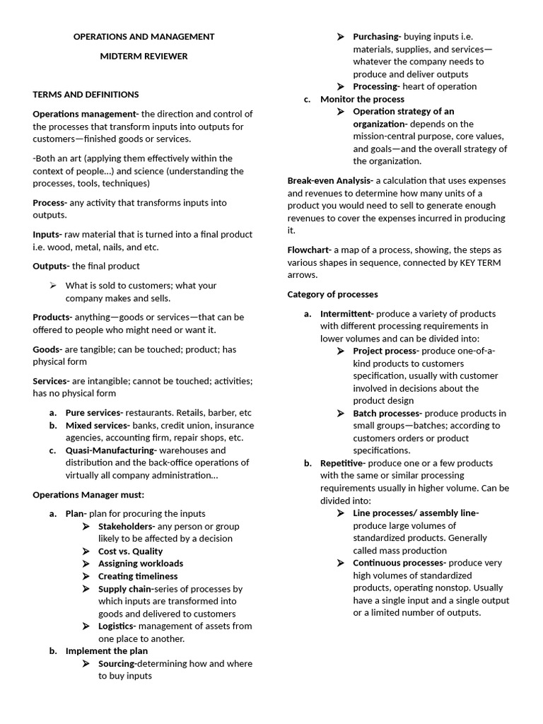 Operations And Management Midterm Reviewer Pdf