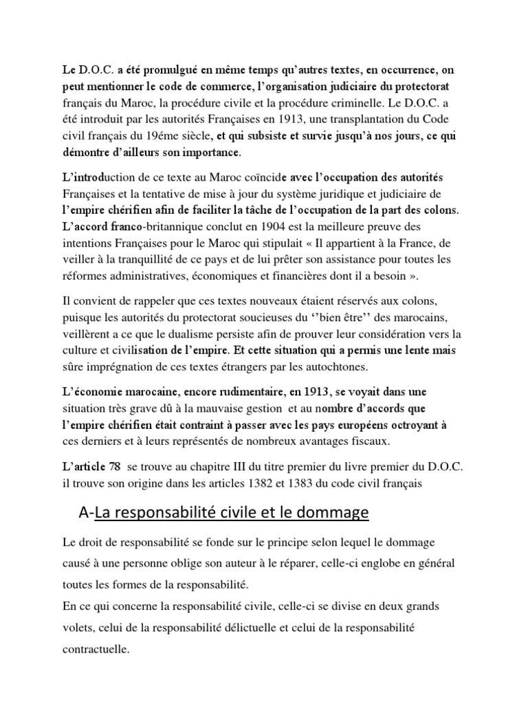 Responsabilité civile dans le D.O.C. marocain | PDF | Maroc | Moralité