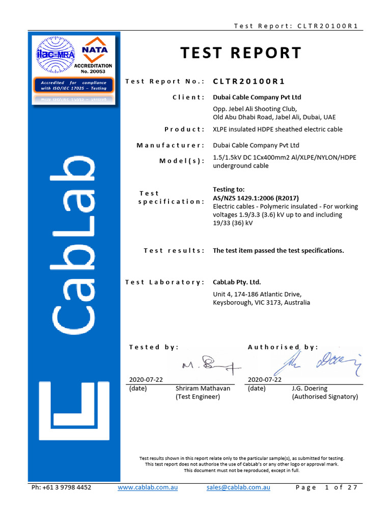 Nata Approved Cablab Type Test Ducab 1cx400 DC Cable | PDF