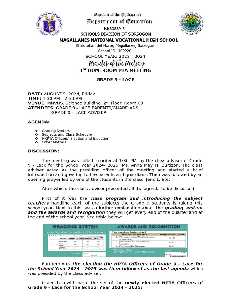 1st Quarter Minutes of The Parent-Teacher Conference | PDF
