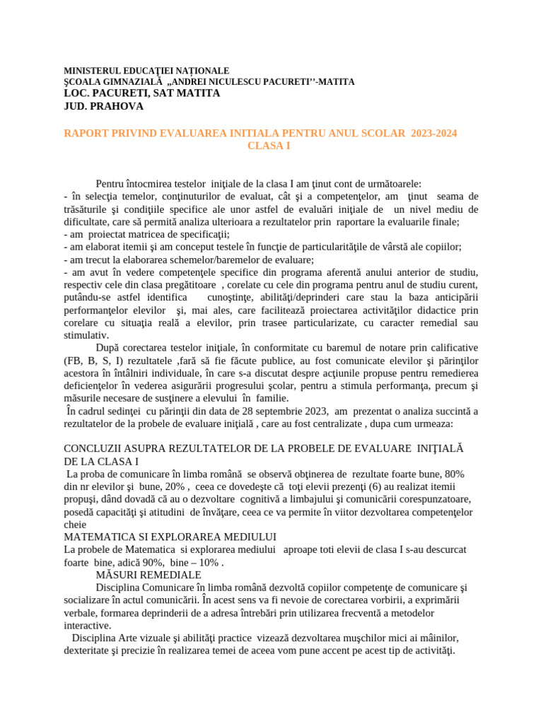 Raport de Evaluare Initiala Clasa I | PDF