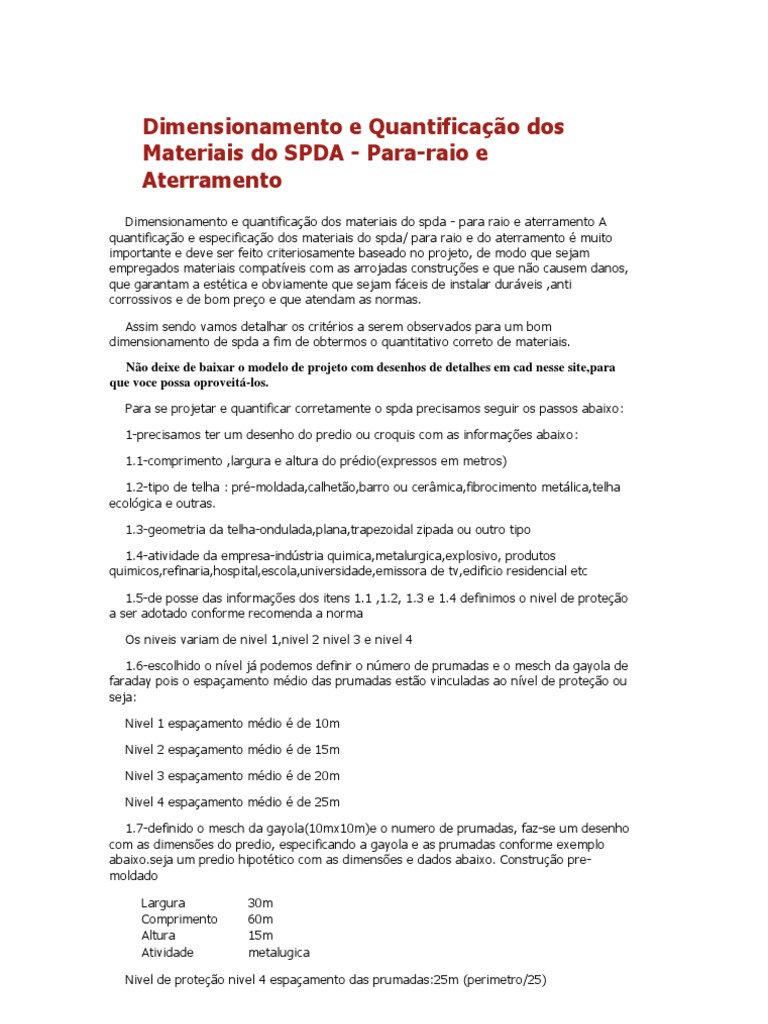 Materiais para Dimensionamento de SPDA | PDF | Relâmpago | Eletrônicos