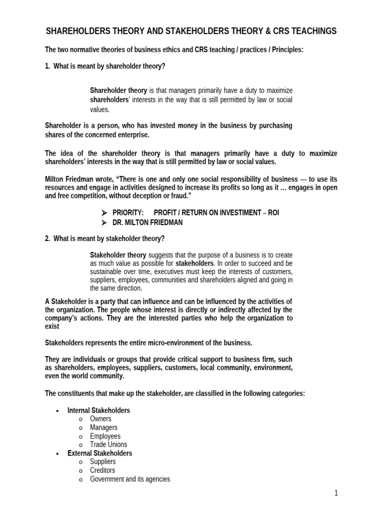 Shareholders Theory And Stakeholders Theory Pdf