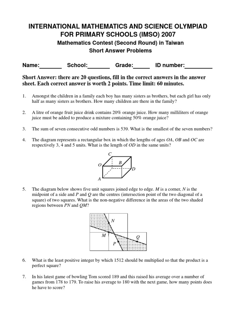 IMSO 2007 Taiwan Math Contest Problems | PDF | Elementary Mathematics ...