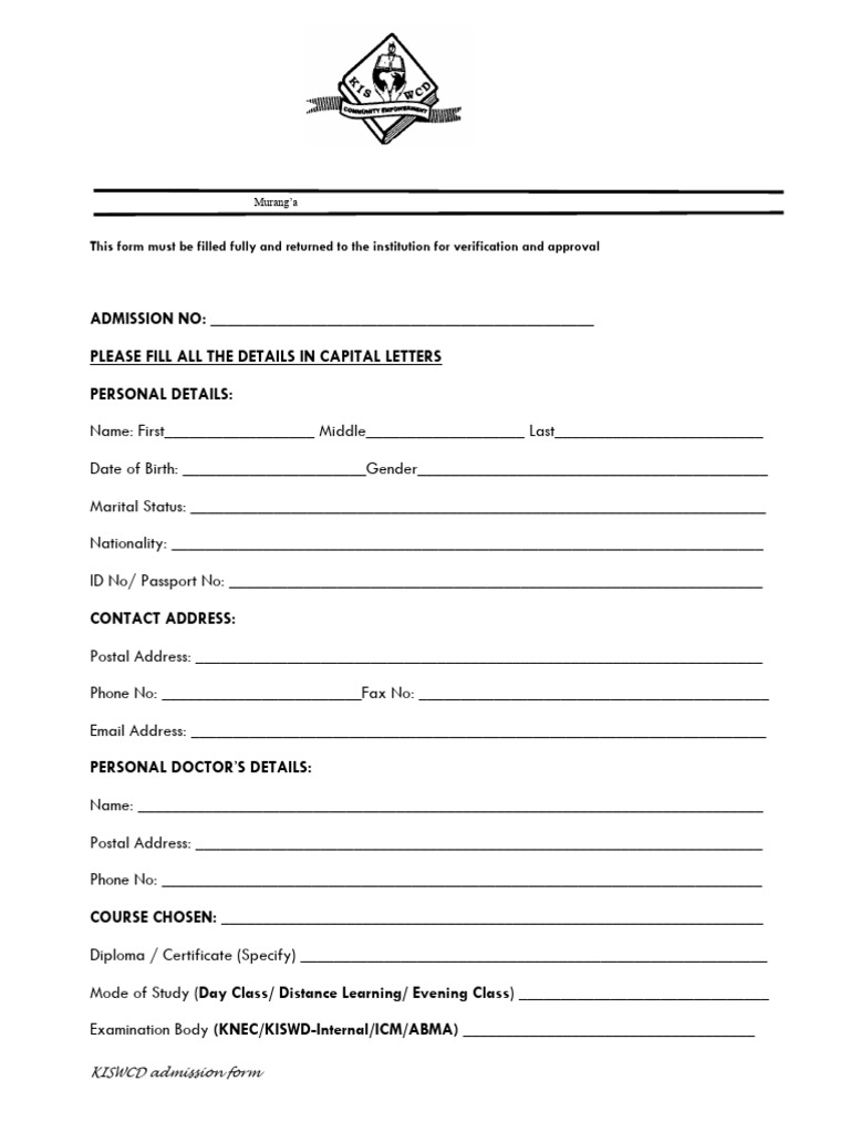 KISWCD NEW ADMISSION FORM 2021 - Paul Okoth | PDF