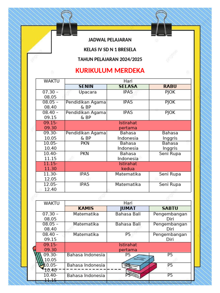 JADWAL Pelajaran Kls 4 Baru | PDF