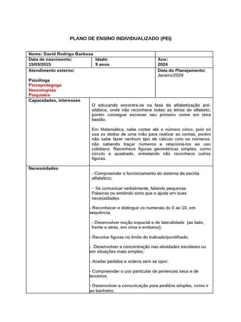 Plano de Ensino Individualizado para David | PDF | Pedagogia | Estudos ...
