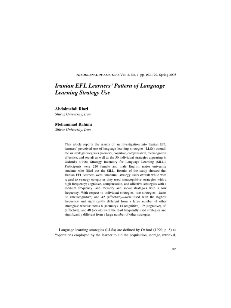 Iranian Efl Learners Pattern Of Language Pdf